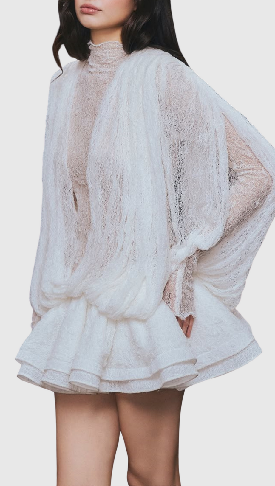 CHAYLEE SEMI-SHEER LACE RUFFLE MINI DRESS