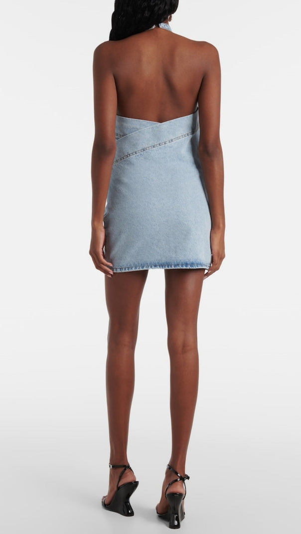 AIIZIE CHRISTELL FLORAL APPLIQUÉ HALTER DENIM MINI DRESS - product image