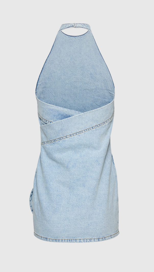 Christell – Neckholder-Minikleid aus Denim mit Blumenapplikation