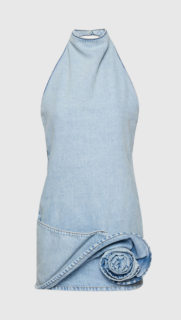 Christell – Neckholder-Minikleid aus Denim mit Blumenapplikation