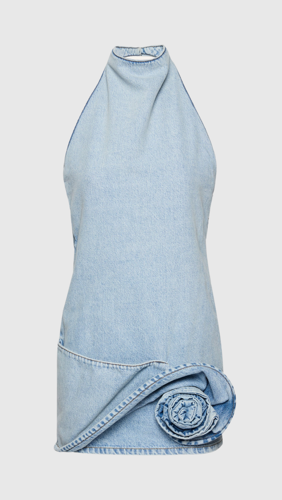 CHRISTELL FLORAL APPLIQUÉ HALTER DENIM MINI DRESS