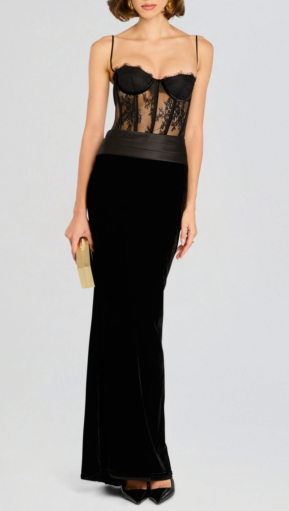 LACE CORSET VELVET MAXI DRESS