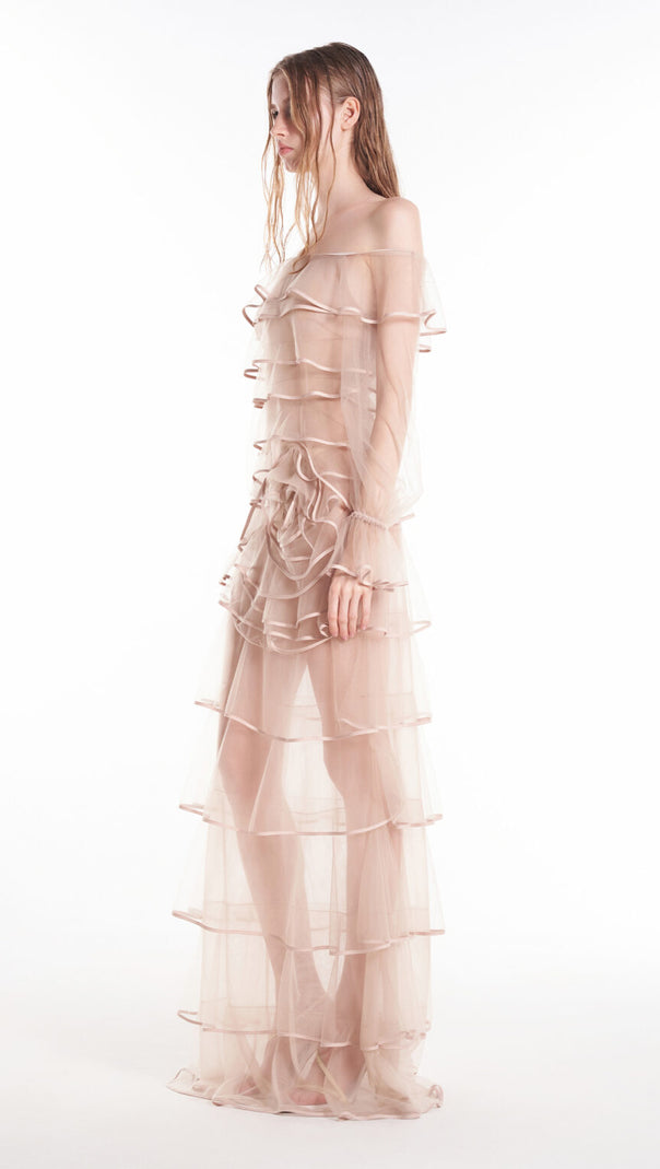 AIIZIE EUDORA FLORAL INSPIRED RUFFLE LAYER TULLE GOWN IN NUDE - product image