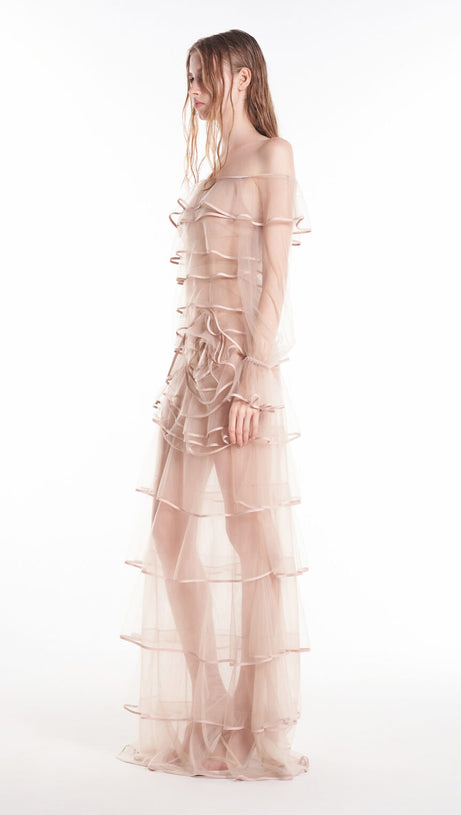 EUDORA FLORAL INSPIRED RUFFLE LAYER TULLE GOWN IN NUDE