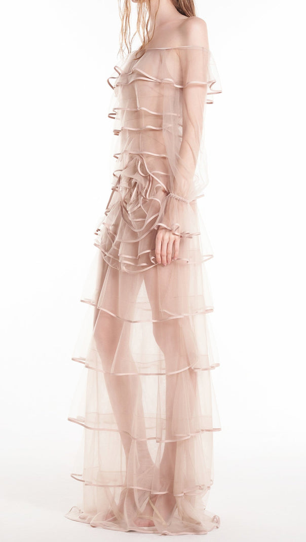 AIIZIE EUDORA FLORAL INSPIRED RUFFLE LAYER TULLE GOWN IN NUDE - product image