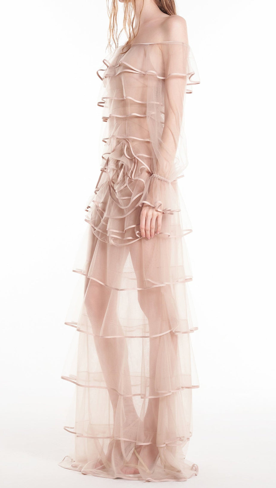 EUDORA FLORAL INSPIRED RUFFLE LAYER TULLE GOWN IN NUDE