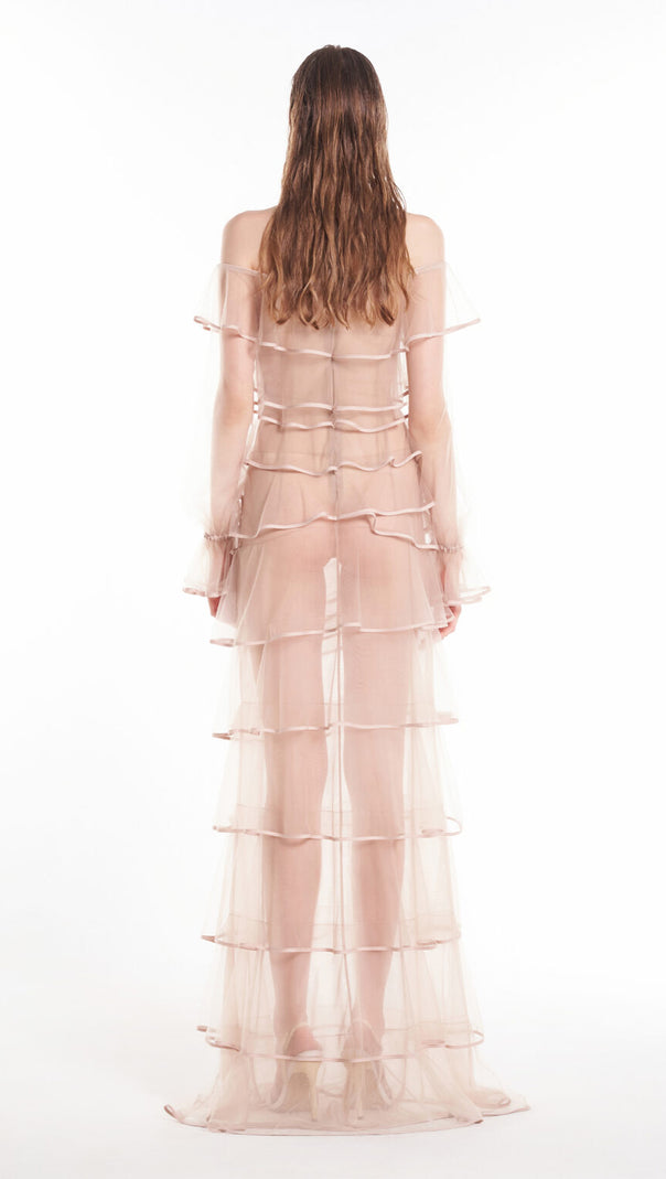 AIIZIE EUDORA FLORAL INSPIRED RUFFLE LAYER TULLE GOWN IN NUDE - product image
