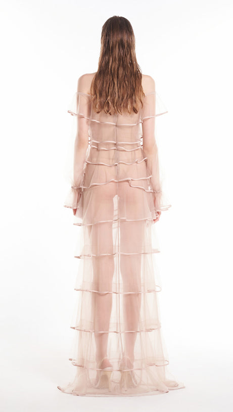 EUDORA FLORAL INSPIRED RUFFLE LAYER TULLE GOWN IN NUDE