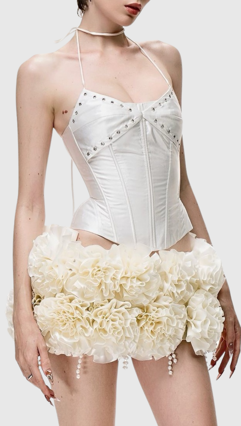ORSOLYA FLORAL PEARL CORSET TWO PIECE SET IN IVORY