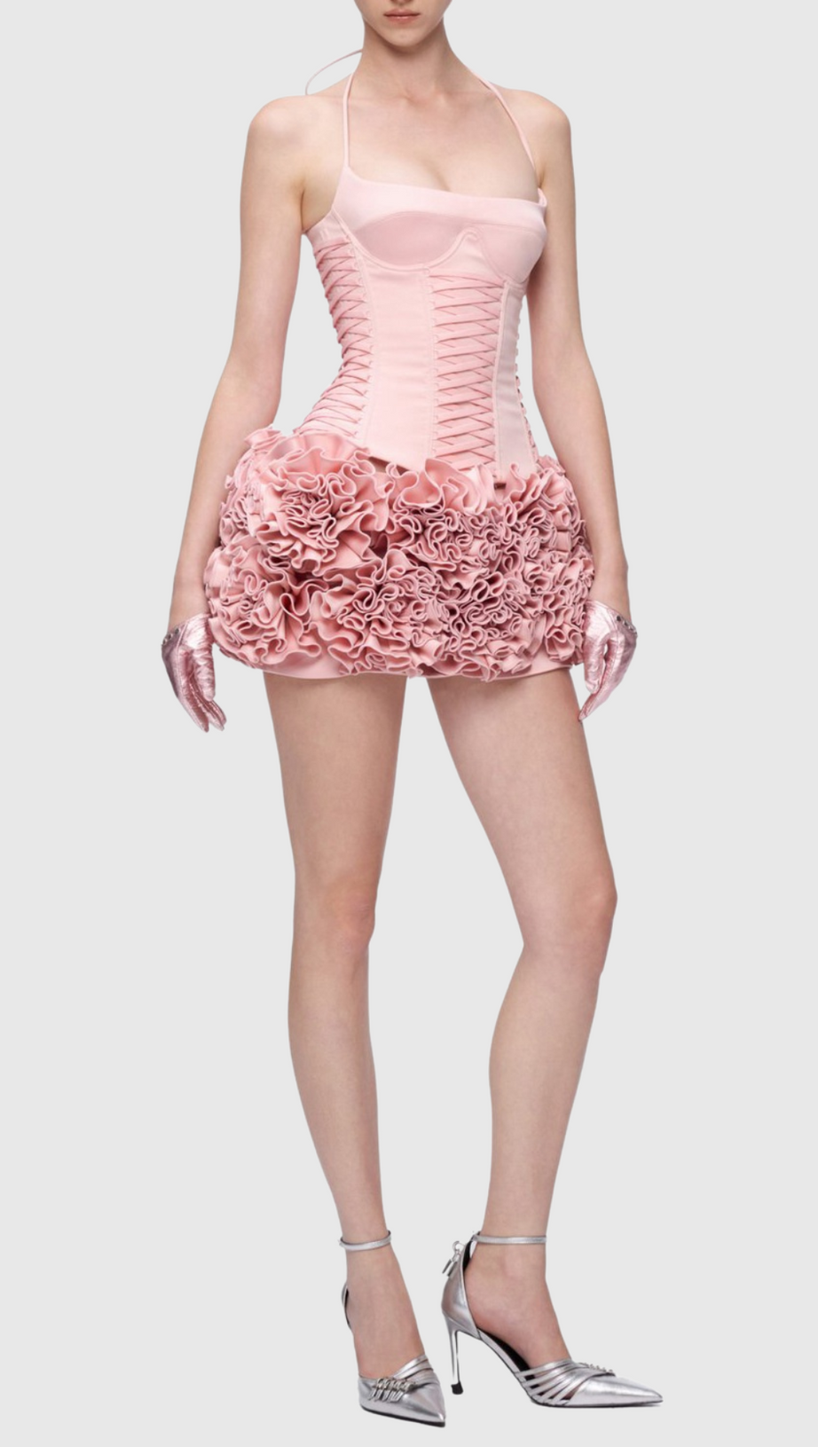 CINDIA FLORAL LACE UP CORSET TWO PIECE SET IN PINK