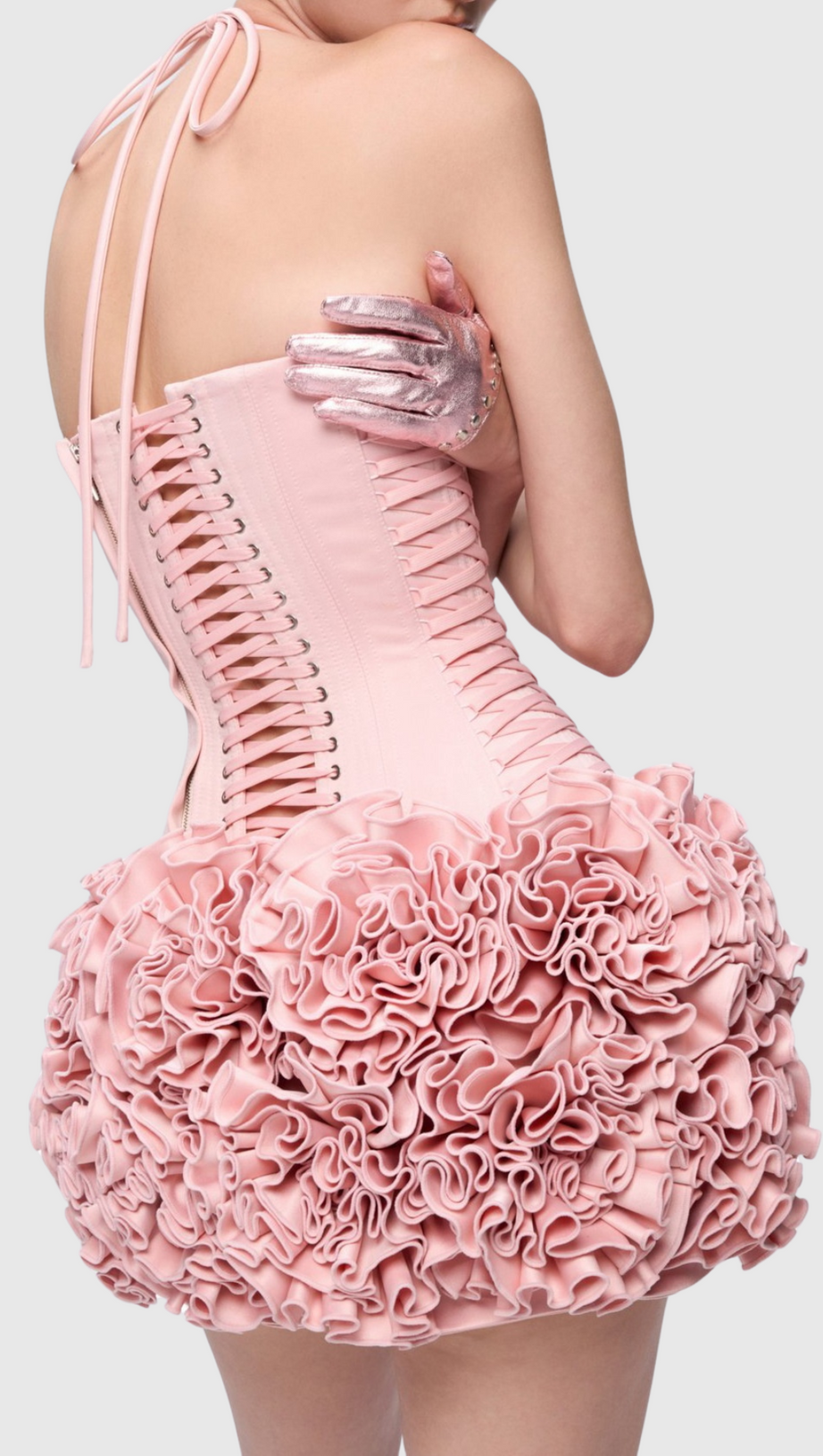 CINDIA FLORAL LACE UP CORSET TWO PIECE SET IN PINK