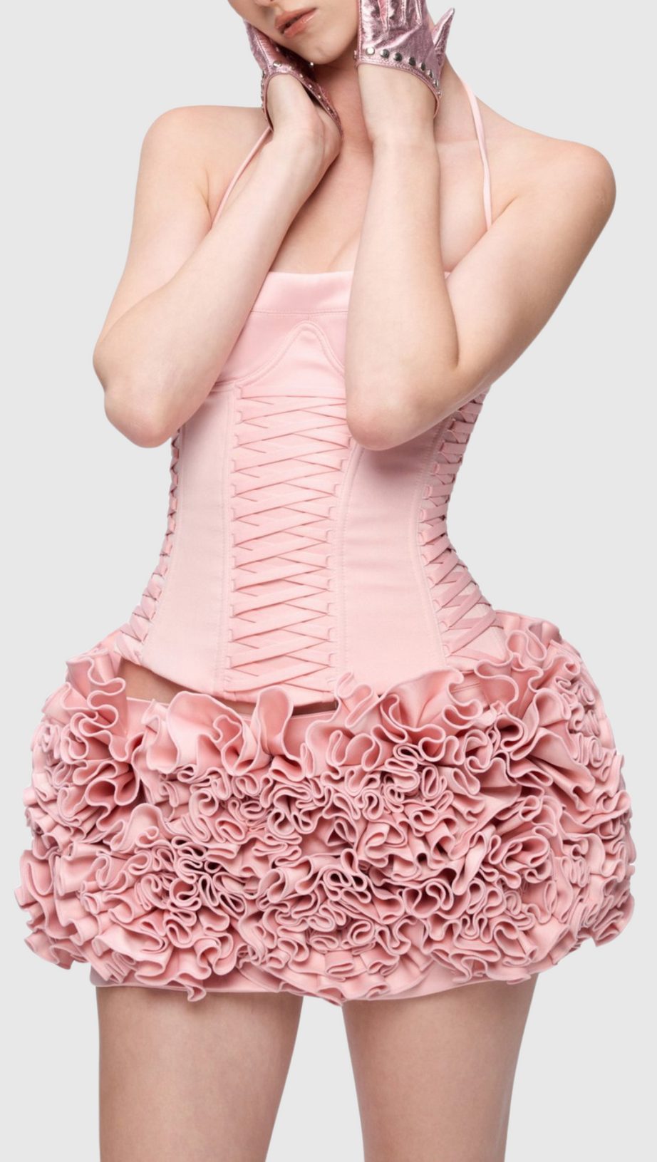 CINDIA FLORAL LACE UP CORSET TWO PIECE SET IN PINK