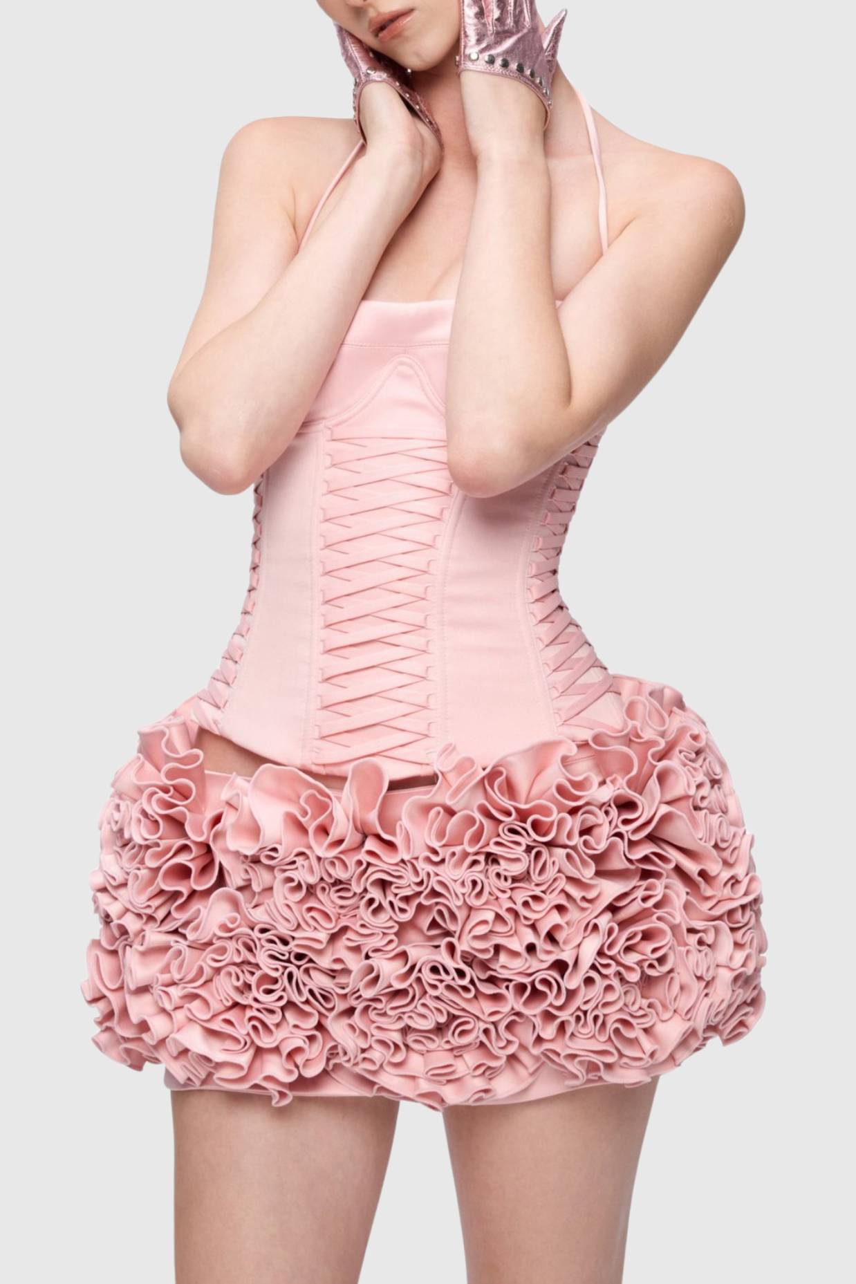 Cindia Floral Lace Up Corset Two Piece Set in Pink