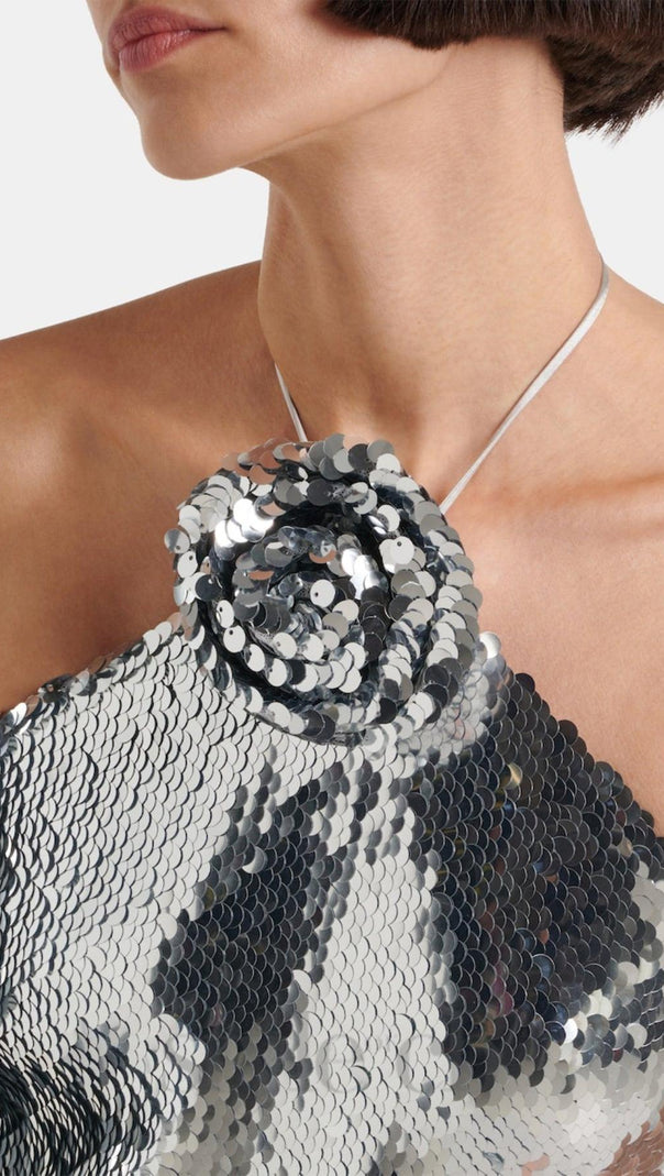 AIIZIE CINWA FLORAL APPLIQUÉ HALTER SEQUIN MINI DRESS - SILVER - product image