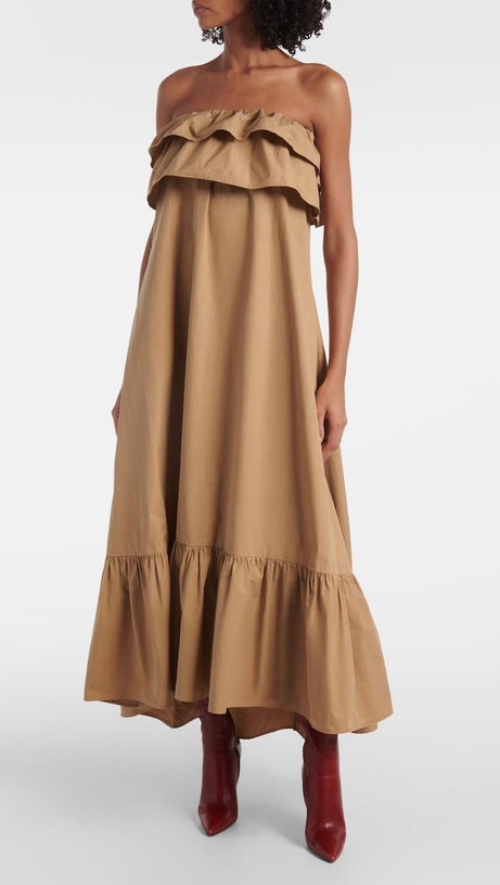 CLARRISA RUFFLED STRAPLESS MAXI DRESS