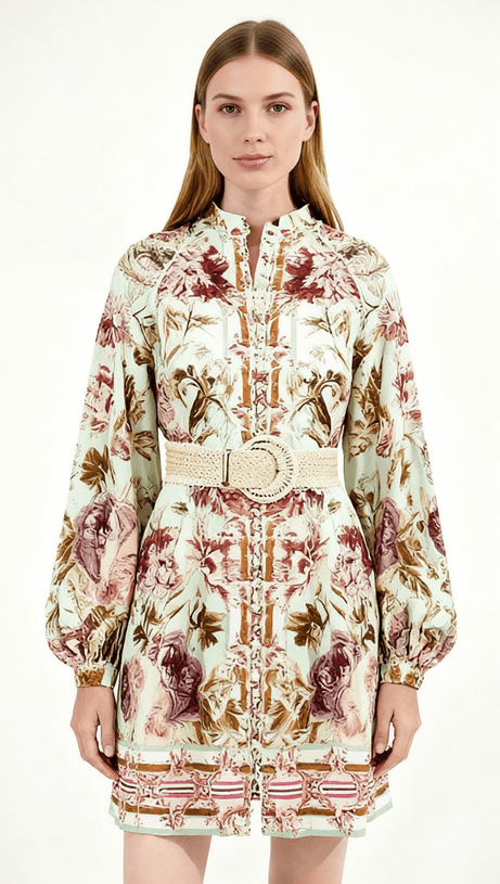 HILKIAH BOHO CHIC FLORAL PRINT LONG SLEEVE MINI DRESS WITH WOVEN BELT