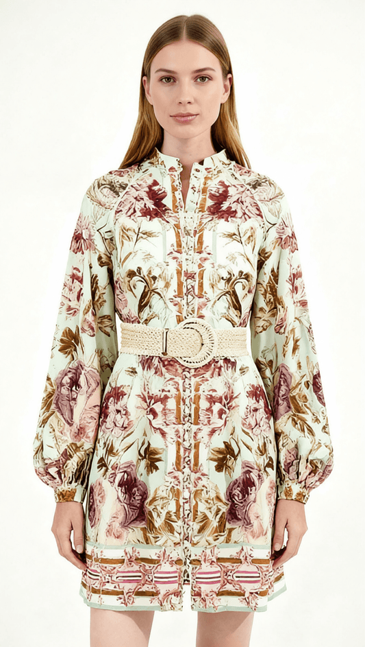 AIIZIE HILKIAH BOHO CHIC FLORAL PRINT LONG SLEEVE MINI DRESS WITH WOVEN BELT - product image