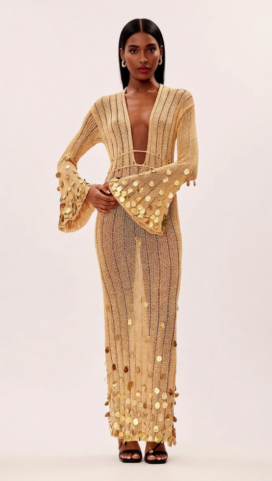 AIIZIE HONZA DAZZLING GOLD SEQUIN KNIT MAXI DRESS - EFFORTLESS GLAMOUR - product image