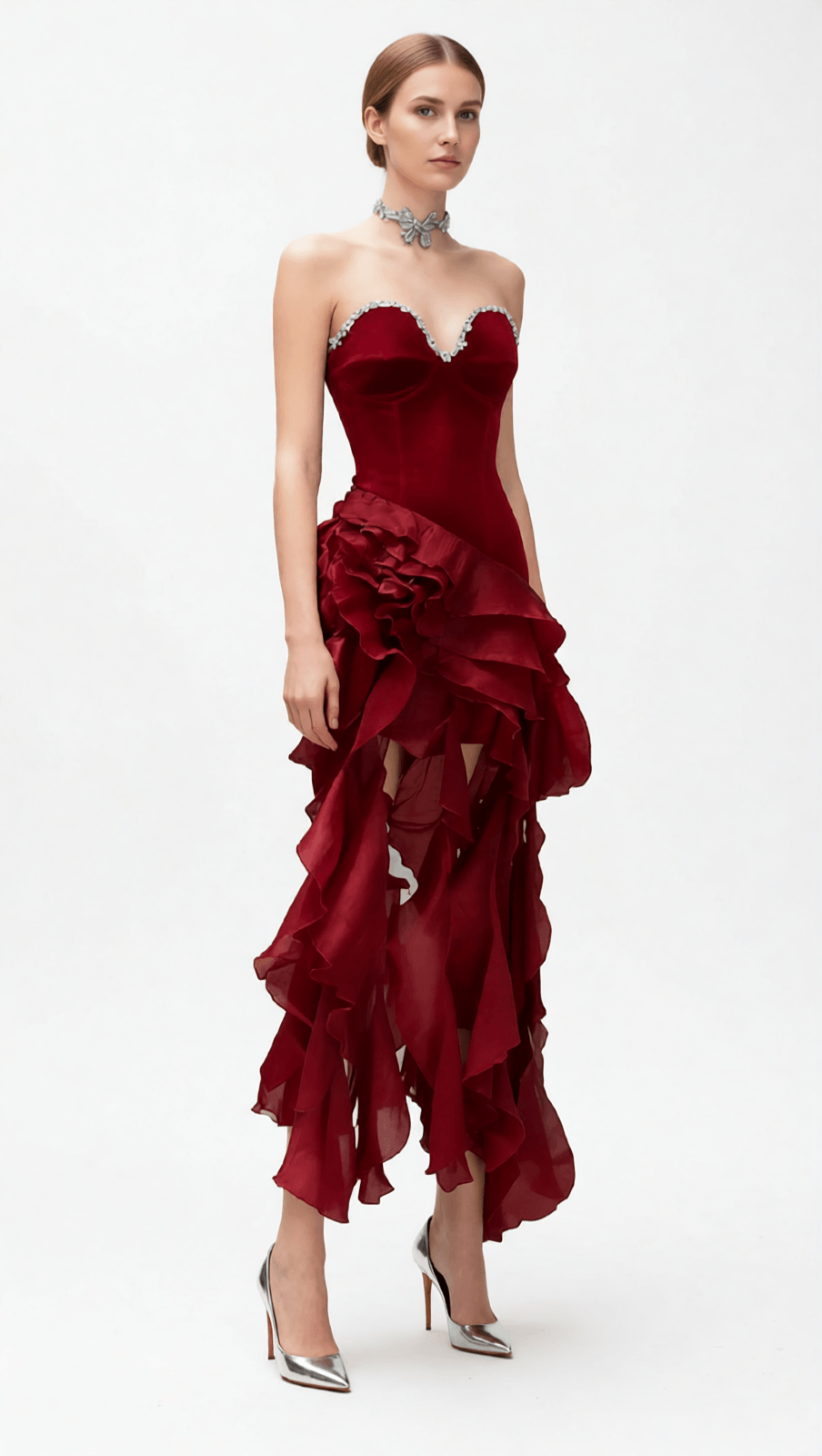 HOVA RUBY RED STRAPLESS RUFFLE MAXI GOWN - DAZZLING VELVET & CHIFFON