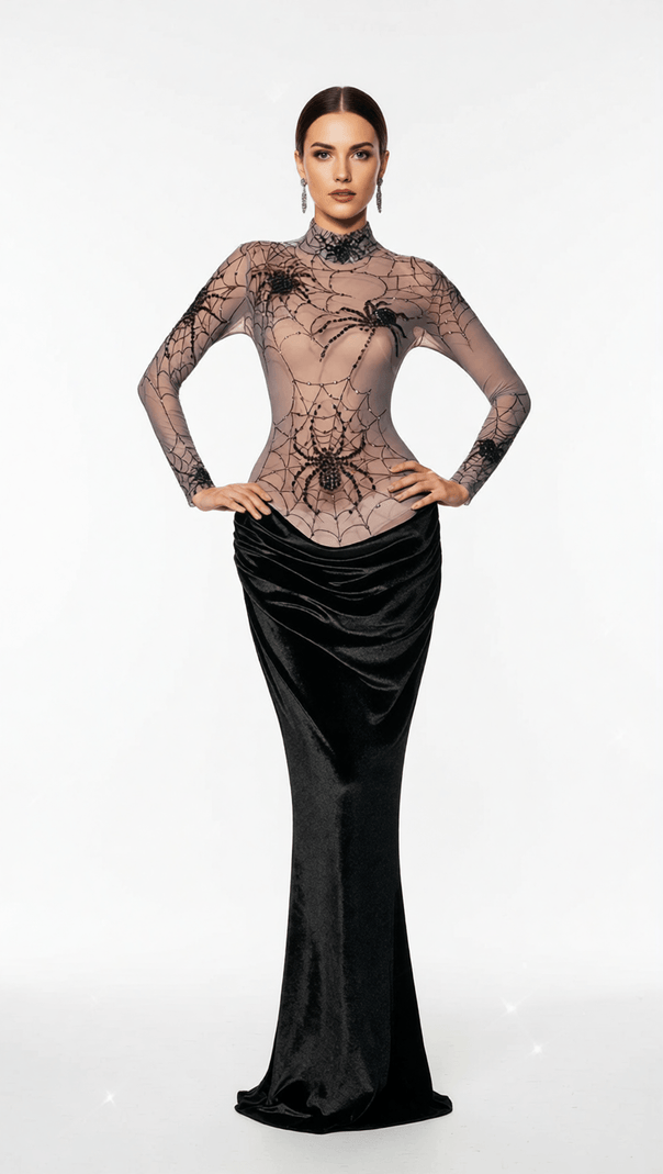 AIIZIE KJARTAN GLAMOROUS HIGH NECK SPIDER WEB VELVET MAXI DRESS - STATEMENT EVENING GOWN - product image