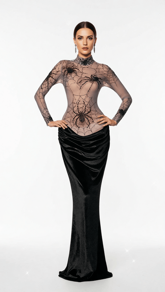 AIIZIE KJARTAN GLAMOROUS HIGH NECK SPIDER WEB VELVET MAXI DRESS - STATEMENT EVENING GOWN - product image