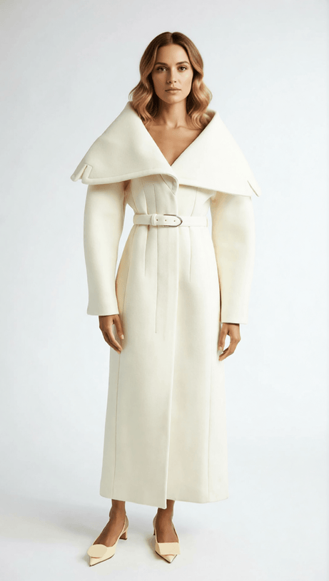 Izabella Luxe Belted Maxi Coat - Draped Collar & Tailored Elegance