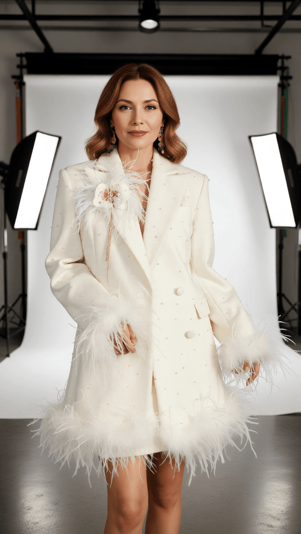 AIIZIE HIBA WHITE FEATHER & PEARL STATEMENT BLAZER DRESS - product image