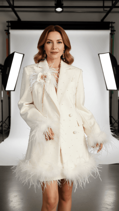HIBA WHITE FEATHER & PEARL STATEMENT BLAZER DRESS