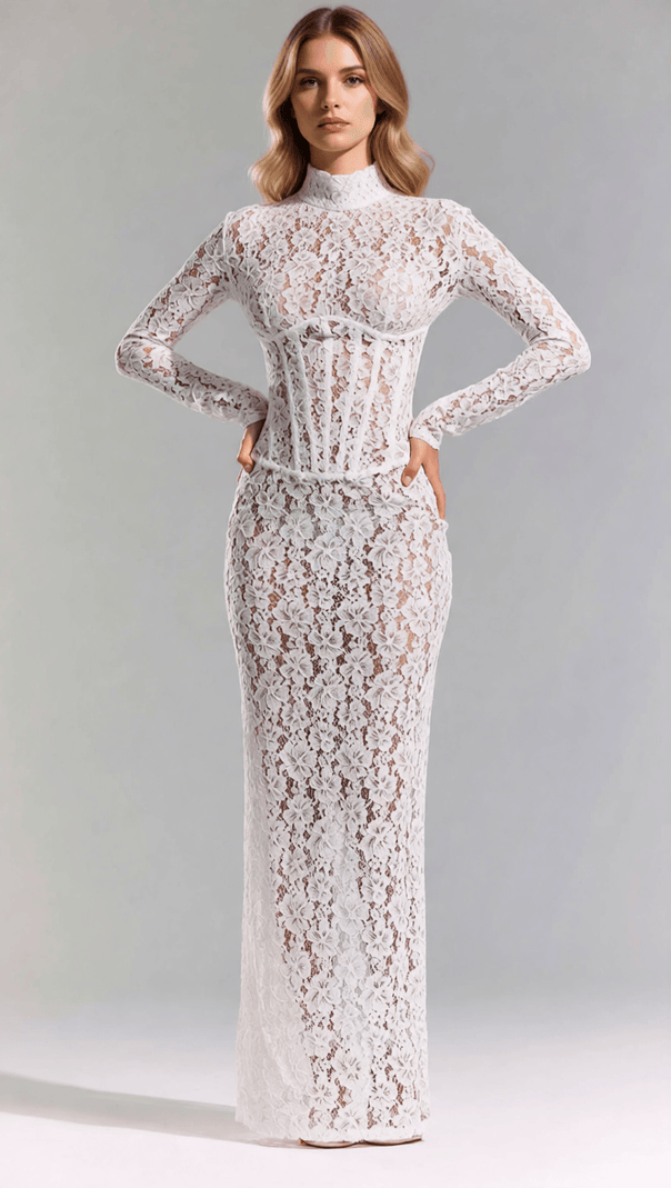 AIIZIE ISOLDE WHITE FLORAL LACE CORSET MAXI DRESS - ETHEREAL ELEGANCE FOR WEDDINGS & GALAS - product image