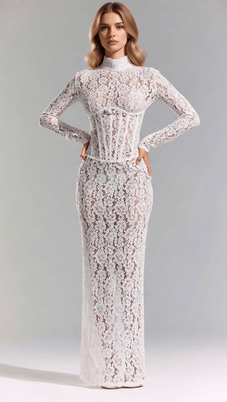 ISOLDE WHITE FLORAL LACE CORSET MAXI DRESS - ETHEREAL ELEGANCE FOR WEDDINGS & GALAS