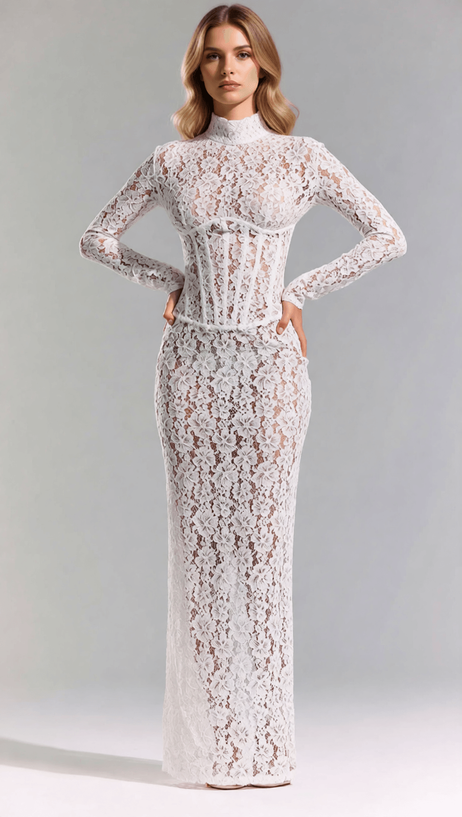 ISOLDE WHITE FLORAL LACE CORSET MAXI DRESS - ETHEREAL ELEGANCE FOR WEDDINGS & GALAS