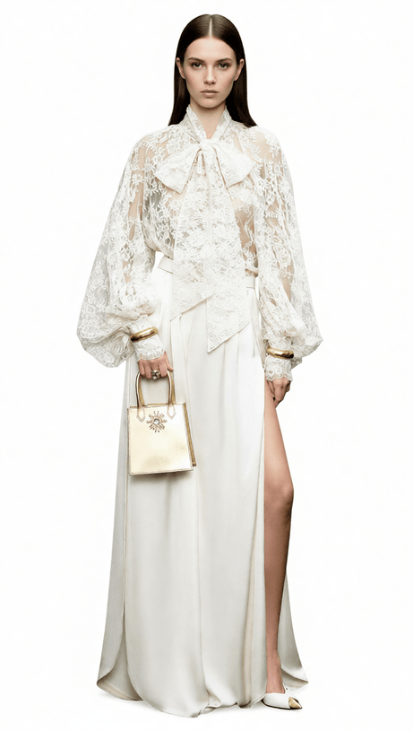 HUSTA WHITE LACE PUSSY-BOW BLOUSE & HIGH-SLIT WIDE-LEG PANTS SET