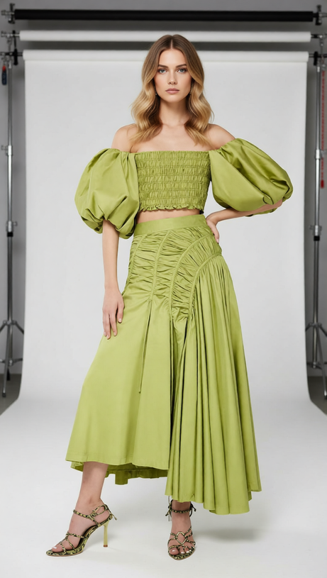 Vibrant Lime Green Puff Sleeve Crop Top & Ruched Maxi Skirt Set | Ivo Two-Piece