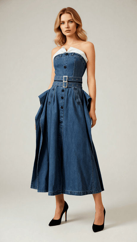 Isako Chic Strapless Denim Midi Dress with Belt – Effortless Elegance