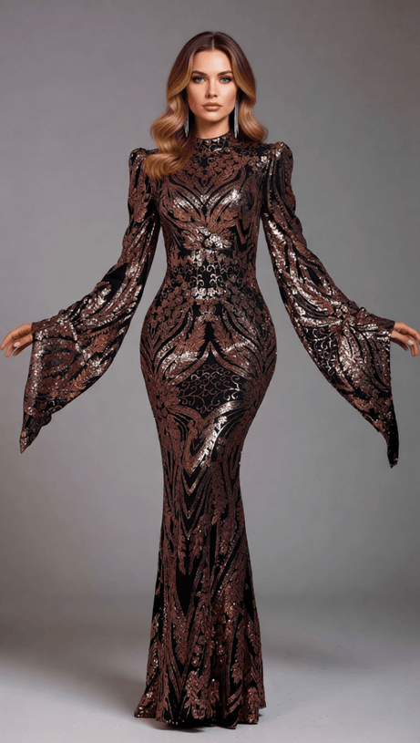 Iben Dazzling Sequin Maxi Dress | Long Sleeve Black & Rose Gold Evening Gown