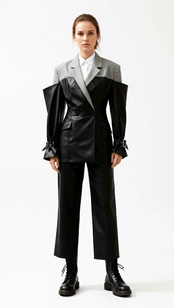 AIIZIE IANTH TWO-TONE EDGY PU LEATHER STATEMENT BLAZER JACKET FOR WOMEN - product image