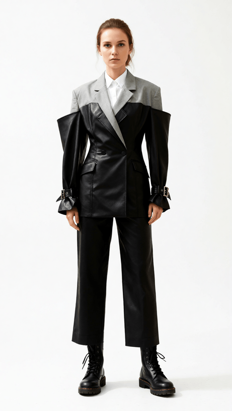 IANTH TWO-TONE EDGY PU LEATHER STATEMENT BLAZER JACKET FOR WOMEN