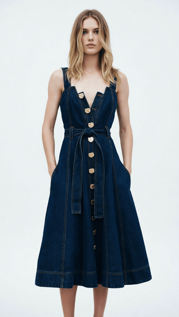 AIIZIE EFFORTLESS CHIC: WOMEN'S BUTTON-FRONT BELTED DENIM MIDI DRESS - product image