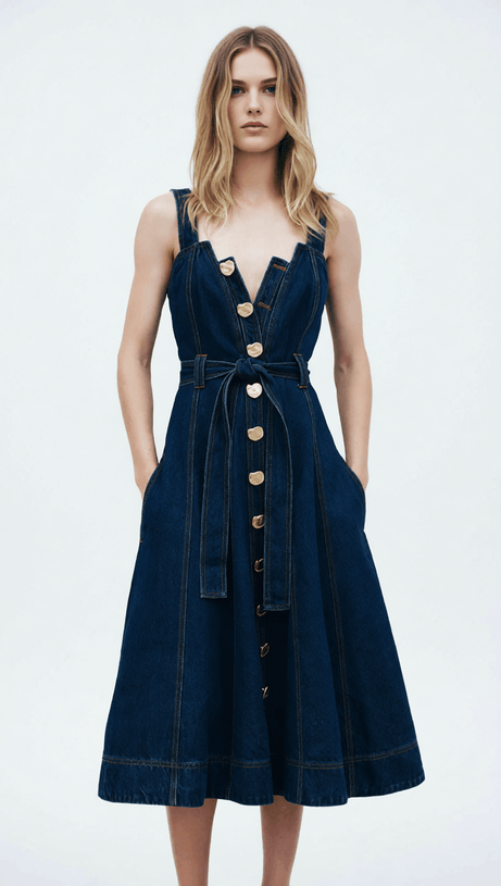 EFFORTLESS CHIC: WOMEN'S BUTTON-FRONT BELTED DENIM MIDI DRESS