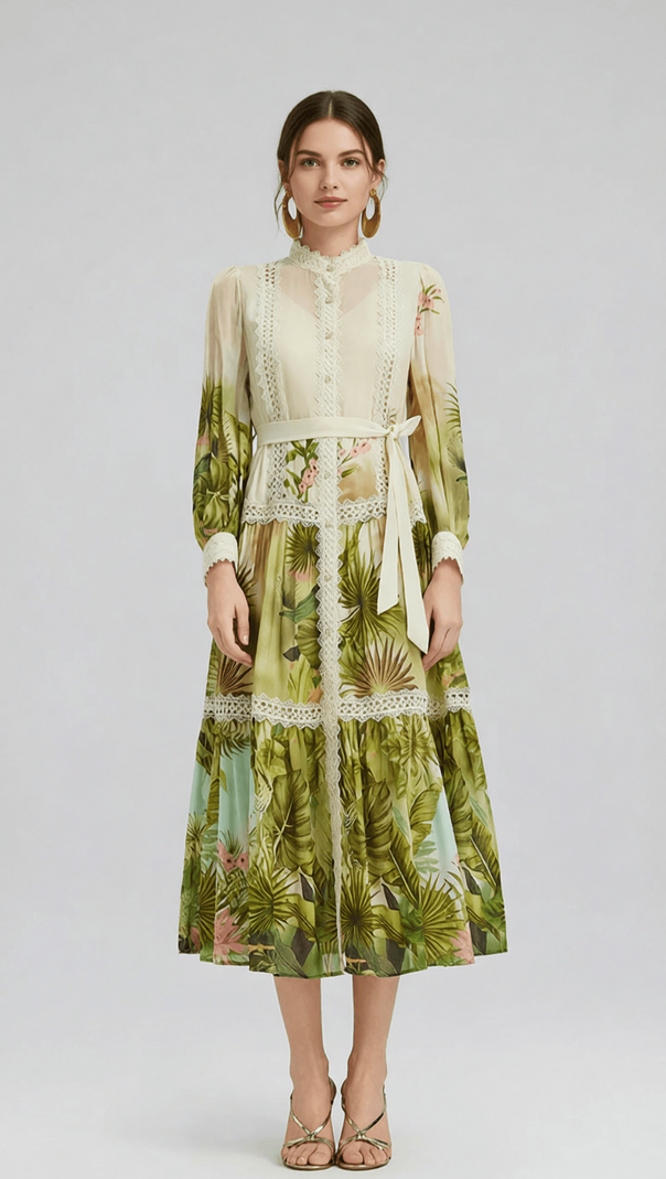 AIIZIE ELEGANT TROPICAL HIBISCUS PRINT TIERED MIDI DRESS WITH LACE & TIE-WAIST - product image