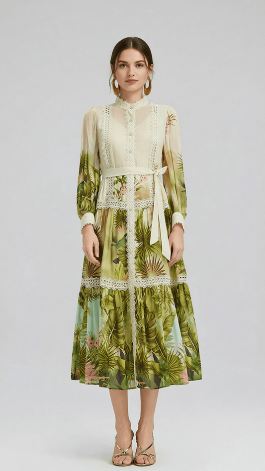 AIIZIE ELEGANT TROPICAL HIBISCUS PRINT TIERED MIDI DRESS WITH LACE & TIE-WAIST - product image