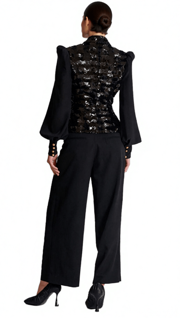 AIIZIE HEIRESS GLAMOROUS BLACK SEQUIN DOUBLE-BREASTED BLAZER JACKET - product image