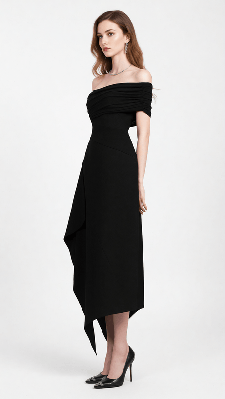 IRIS BLACK OFF-SHOULDER ASYMMETRICAL MAXI DRESS - ELEGANT EVENING GOWN