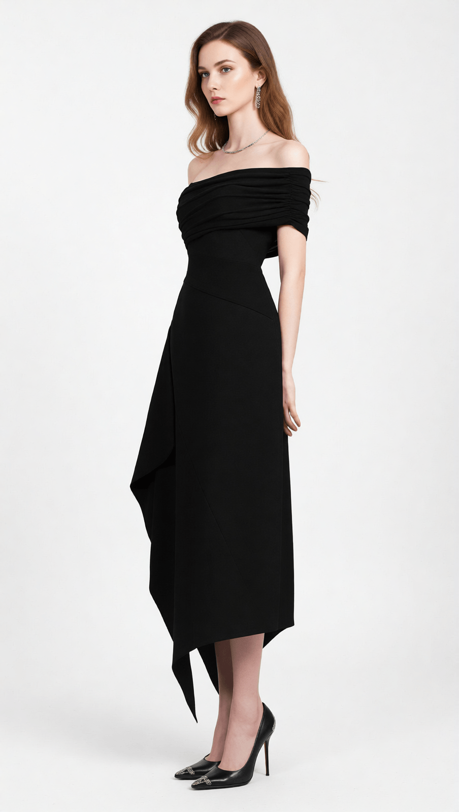 IRIS BLACK OFF-SHOULDER ASYMMETRICAL MAXI DRESS - ELEGANT EVENING GOWN