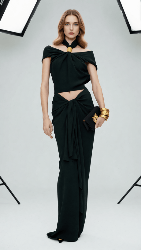 Isabel Luxe Draped Halter Two-Piece Set - Backless Crop Top & Maxi Skirt