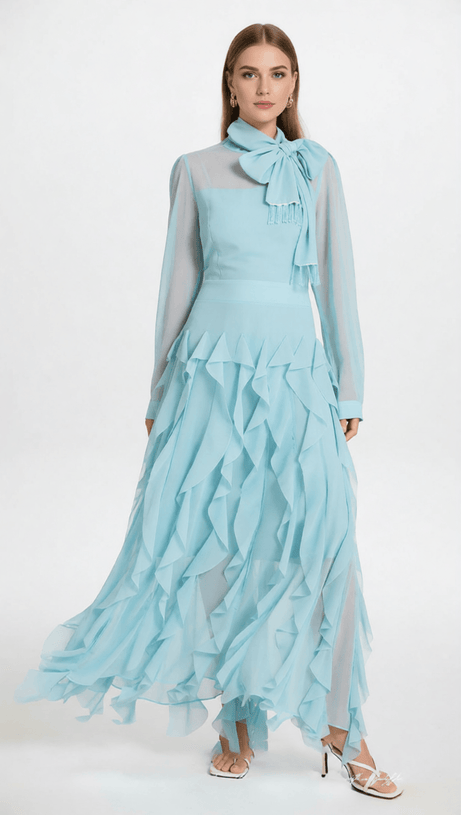 Isaak Ethereal Ruffle Maxi Gown - Elegant Chiffon Dress with Statement Bow Neck