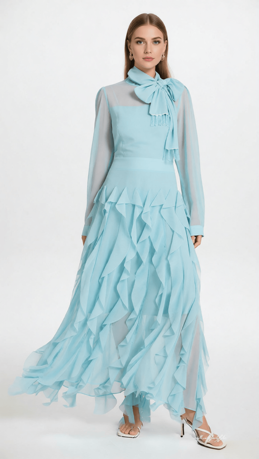 Isaak Ethereal Ruffle Maxi Gown - Elegant Chiffon Dress with Statement Bow Neck