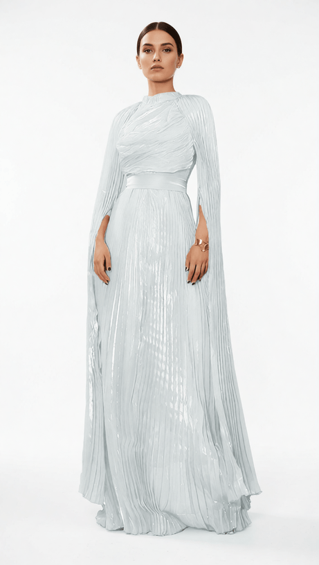 HODAYA VIBRANT PINK PLEATED LONG SLEEVE MAXI DRESS - ELEGANT FORMAL GOWN