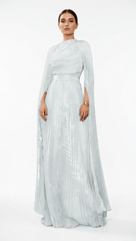 AIIZIE HODAYA VIBRANT PINK PLEATED LONG SLEEVE MAXI DRESS - ELEGANT FORMAL GOWN - product image