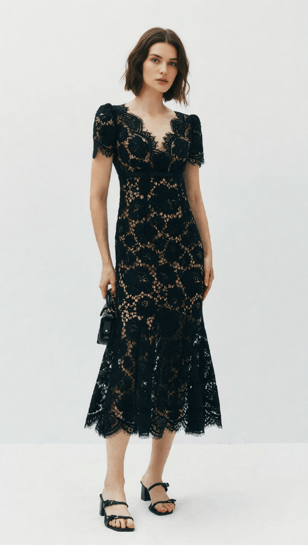 AIIZIE Imelda Black Lace Midi Dress | Elegant V-Neck Cocktail & Party Dress for Women - product image
